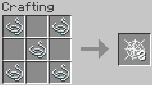 The Minecraft Crafting Table interface showing string placed in the four courners and center of the crafting table, forming an X. The resulting product crafted is three cobwebs.